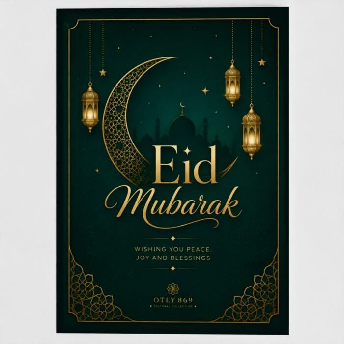 Eid Mubarak Greeting Card – Green & Gold-Tone Crescent Design