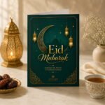 Eid Mubarak greeting card with green and gold-tone crescent design in a Ramadan-inspired lifestyle setting