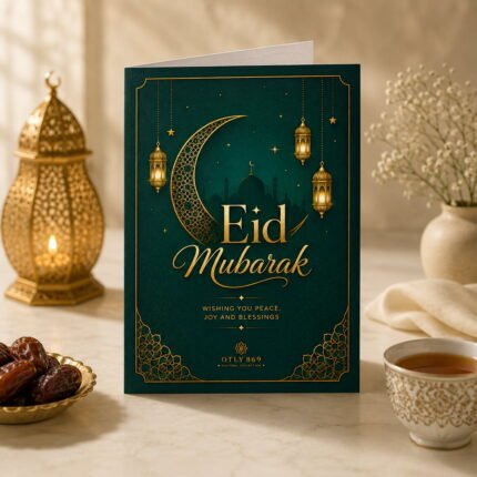 Eid Mubarak greeting card with green and gold-tone crescent design in a Ramadan-inspired lifestyle setting