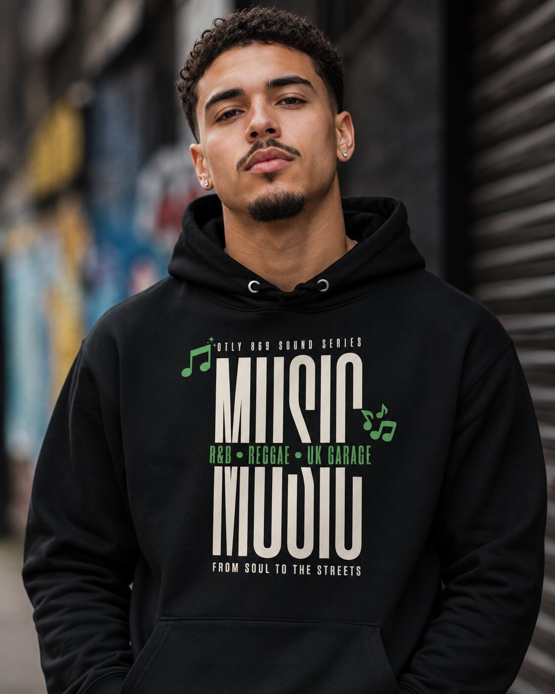 Music- Black Hoodie2 OTLY 869 Rooted in Rhythm Premium Hoodie - Image 1