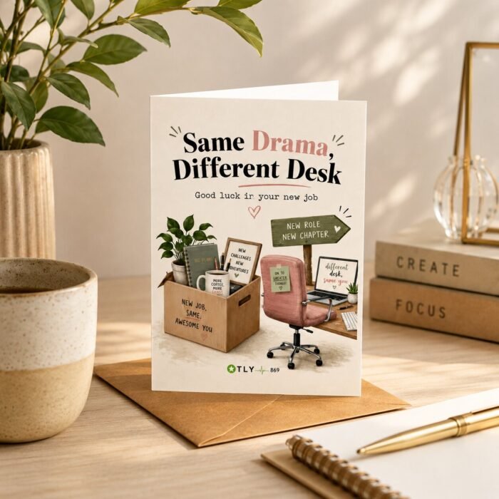 Same Drama, Different Desk – New Job Greeting Card