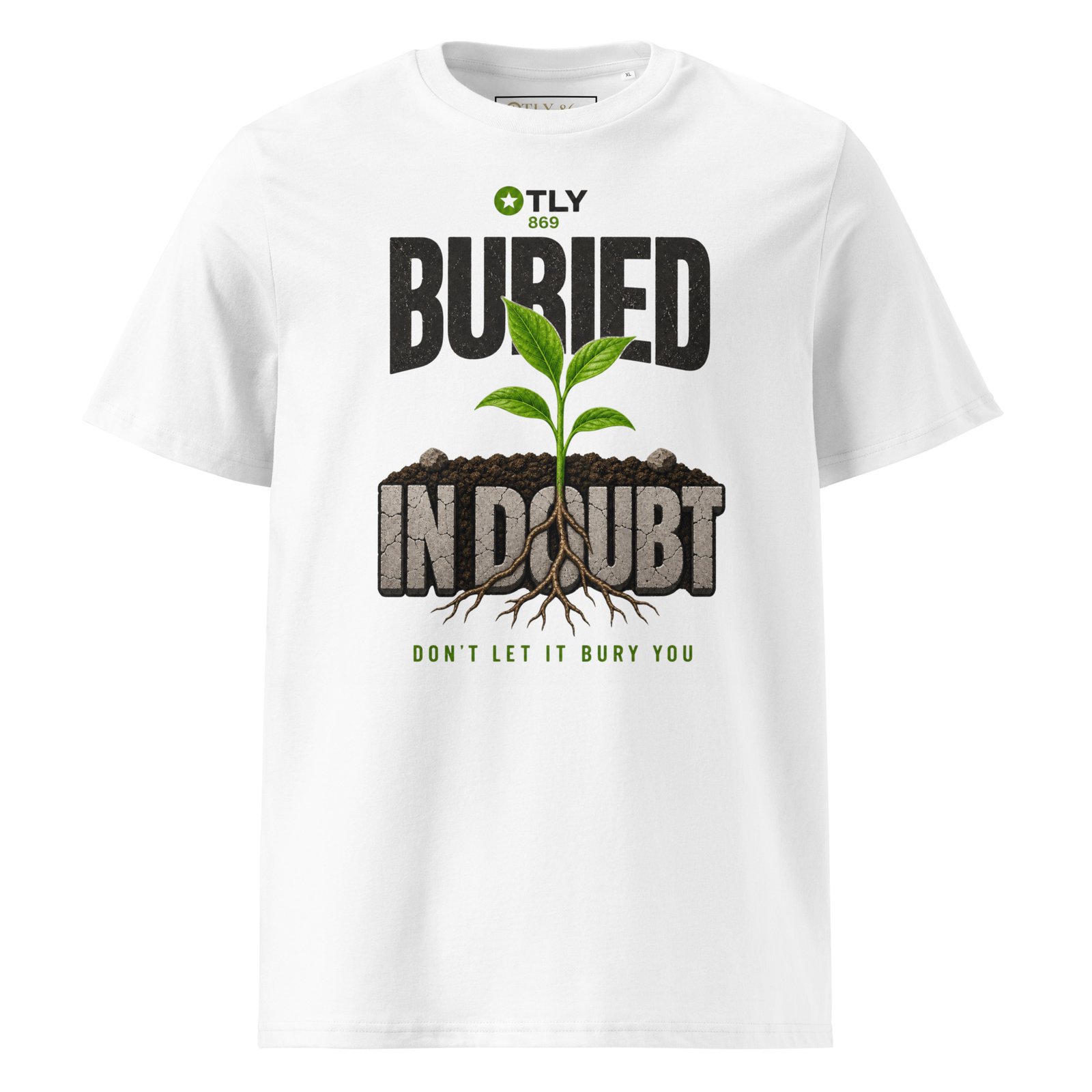 unisex-organic-cotton-creator-2.0-t-shirt-white-front-6a90bd1807f24.jpg Buried in Doubt – Unisex T-Shirt - Image 1