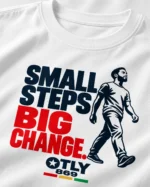 Close-up of navy and red Small Steps Big Change lettering, walking figure and OTLY 869 logo on a white T-shirt
