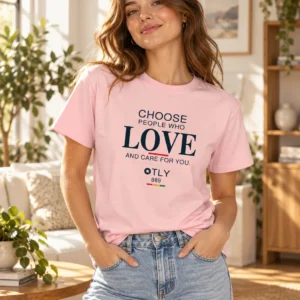 Model wearing the Choose Love T-shirt in cotton pink with blue jeans.