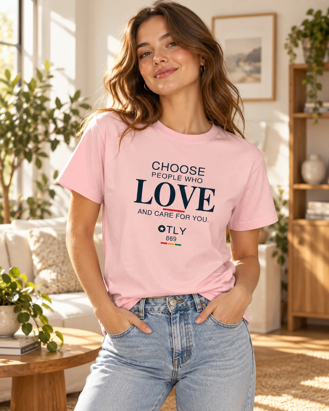 1. Choose Love - Hero Model wearing the Choose Love T-shirt in cotton pink with blue jeans.
