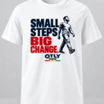 White Small Steps Big Change T-shirt with navy and red lettering and a walking figure, front view