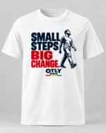 White Small Steps Big Change T-shirt with navy and red lettering and a walking figure, front view