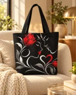 Two Hearts in Harmony black tote bag with red roses, intertwined hearts and white line-art faces, displayed on a chair