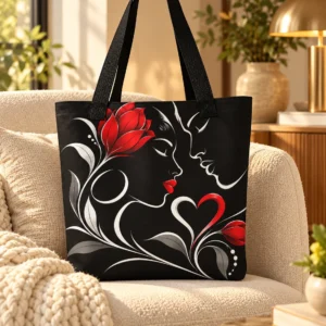 Two Hearts in Harmony black tote bag with red roses, intertwined hearts and white line-art faces, displayed on a chair