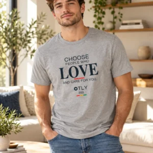 Model wearing the Choose Love T-shirt in heather grey with blue jeans.