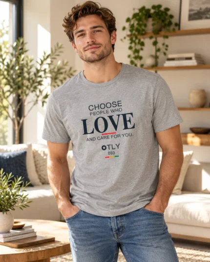 Model wearing the Choose Love T-shirt in heather grey with blue jeans.