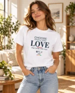 Model wearing the Choose Love T-shirt in white with blue jeans.