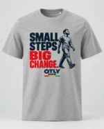 Heather Grey Small Steps Big Change T-shirt with navy and red lettering and a walking figure, front view