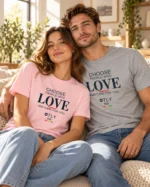 Two models sitting together wearing Choose Love T-shirts in cotton pink and heather grey.