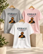 Exhale Inner Strength t-shirts in Heather Grey, Cotton Pink and White